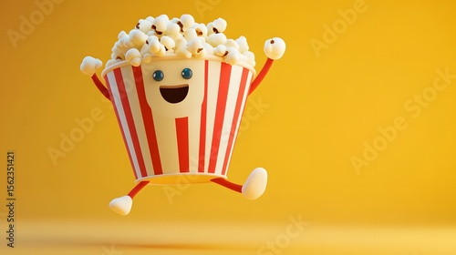 3D render of a smiling popcorn bucket character jumping in celebration against a yellow background.