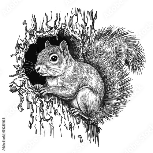 A detailed ink drawing of a charming squirrel peers out from its cozy tree hollow, showcasing intricate fur texture and a sense of curious anticipation. vector illustration