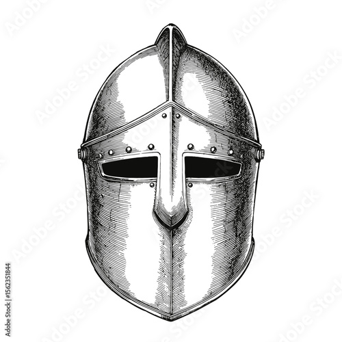 A meticulously drawn illustration of a medieval helmet, showcasing the craftsmanship and design of historical armor.  vector illustration