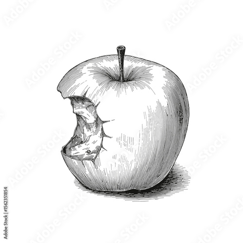 A half-eaten apple, a simple yet evocative illustration, the subtle artistry capturing the essence of a single bite and offering a playful reflection on temptation.
