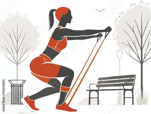 Fitness enthusiast squatting with resistance band outdoors in park exercise illustration