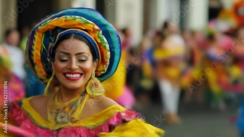 A vibrant celebration of culture comes alive as a beautiful dancer, adorned in colorful attire, twirls with joy during the carnival parade. Festivities and traditions abound.