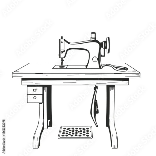 A vintage sewing machine on a worktable