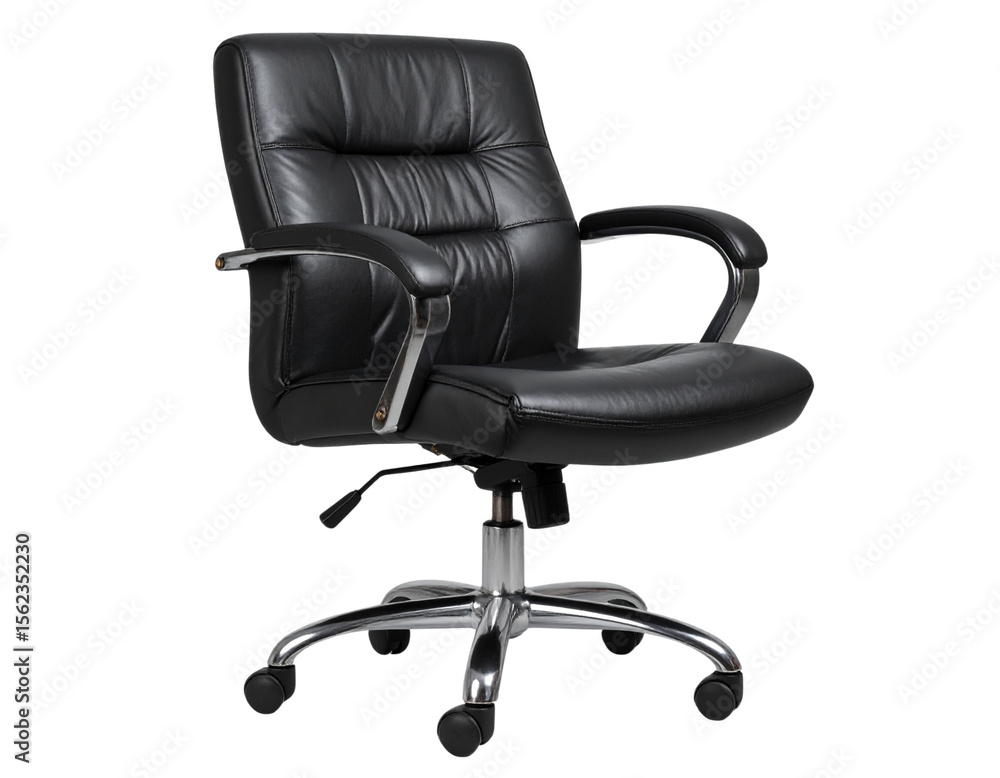 Black leather office chair, featuring padded back and armrests, with a transparent background. Black leather office chair, featuring padded back and armrests, with a transparent background.