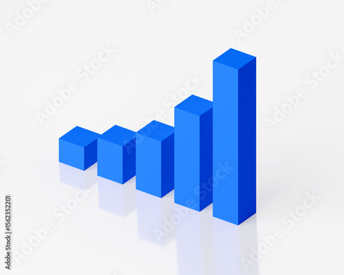 3D Bar Graph Blue Rising Exponentially Top Side View with Glass Reflection White Background, Presentation Business Graphic