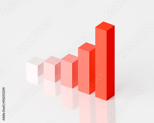 3D Bar Graph Red Gradient Rising Exponentially Top Side View with Glass Reflection White Background, Presentation Business Graphic