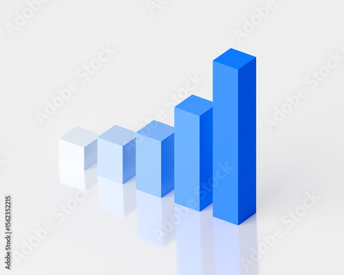 3D Bar Graph Blue Gradient Rising Exponentially Top Side View with Glass Reflection White Background, Presentation Business Graphic