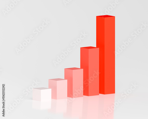 3D Bar Graph Red Gradient Rising Exponentially Side View with Glass Reflection White Background, Presentation Business Graphic