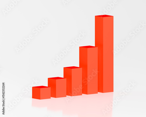 3D Bar Graph Red Rising Exponentially Side View with Glass Reflection White Background, Presentation Business Graphic