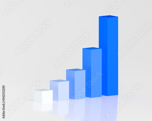 3D Bar Graph Blue Gradient Rising Exponentially Side View with Glass Reflection White Background, Presentation Business Graphic
