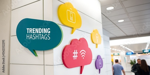 Colorful speech bubbles showcase trending hashtags in a captivating image, ideal for social media monitoring and content managers seeking to identify popular trends