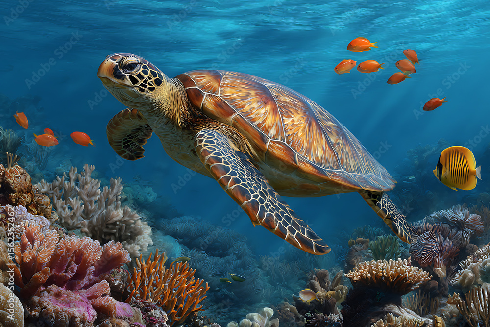 Fototapeta premium Majestic sea turtle swims through coral reef underwater
