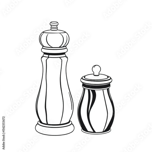 A wooden pepper mill beside a salt cellar