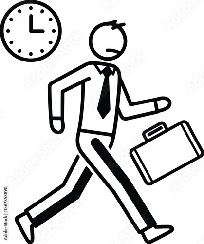 Late for work illustration vector, stick figure businessman running with clock