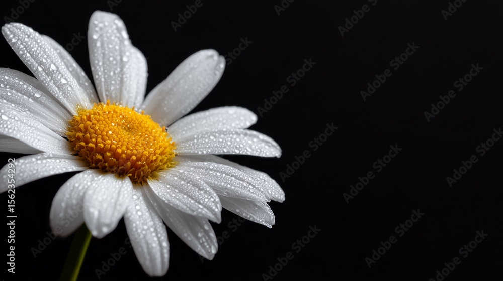 Obraz premium macro close up of white daisy with water drops on black background