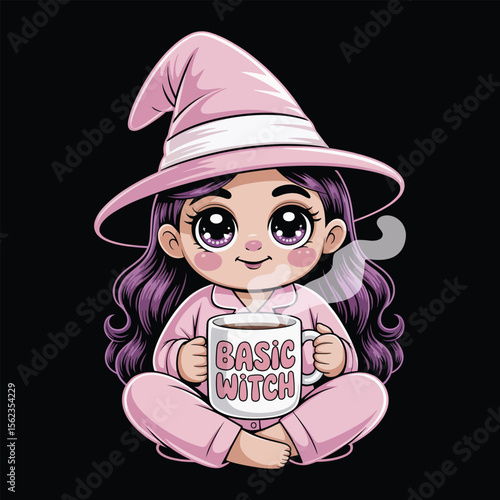 Kawaii witch in pastel pink pajamas holding coffee mug with “Basic witch” text on black background