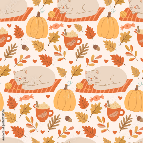 Seamless pattern with a cozy autumn cat, pumpkins, fall leaves, and hot drinks. Perfect for seasonal fabric, wallpapers, and textile designs with warm and homey fall vibes.