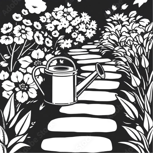 A tin watering can on a garden path