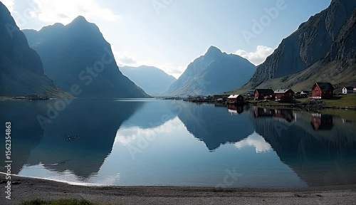 Pristine Reflection of a Seaside Community in Fjord Waters 
