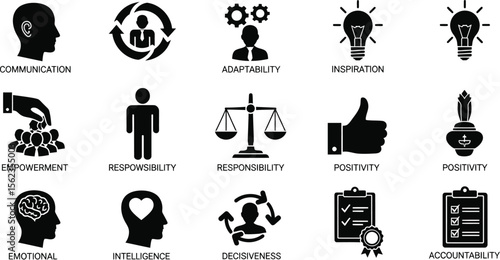 Business skills vector icon set adaptability communication inspiration success