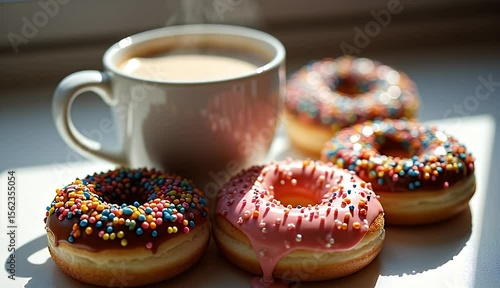 Assortment of Sprinkled Doughnuts and a Coffee 