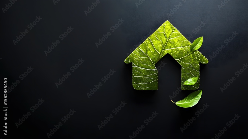 Fototapeta premium Digital illustration of a house constructed from layered green leaves against a black background.