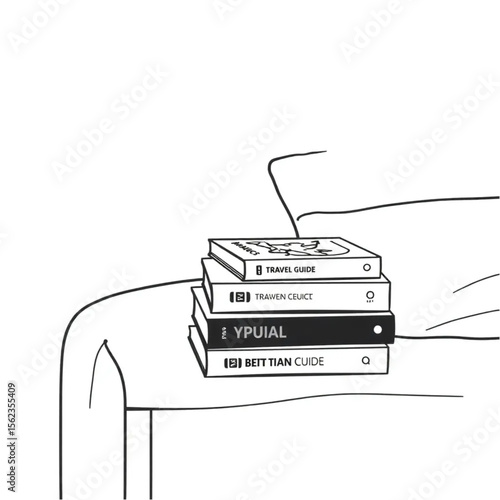 A stack of travel guides on a bedside table