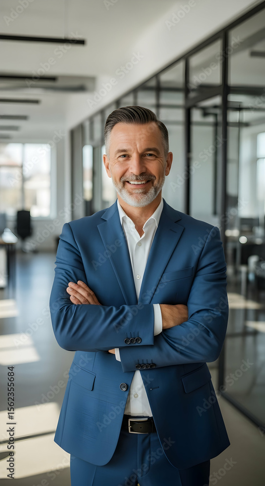 Smiling Businessman Standing with Arms Crossed in Modern Office Smiling Businessman Standing with Arms Crossed in Modern Office