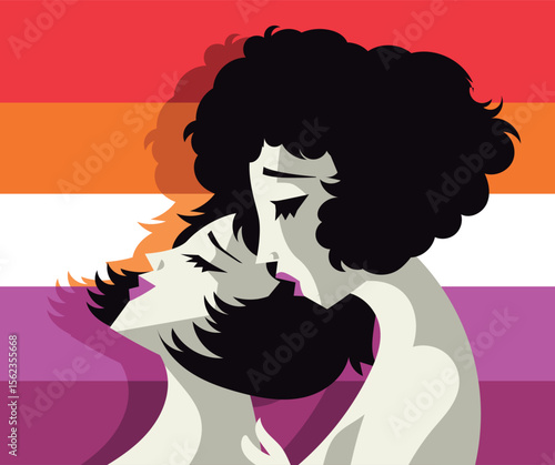 sensual gay lesbian couple and pride flag