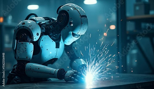 Robotic Welding Process with Scattered Sparks 