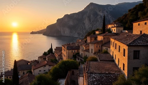 Quaint Village Overlooking the Mediterranean at Sunset 
