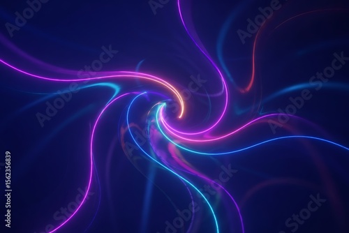 Abstract swirling vortex of vibrant neon light trails in shades of pink purple blue and orange against a dark deep blue background creating a futuristic energy flow