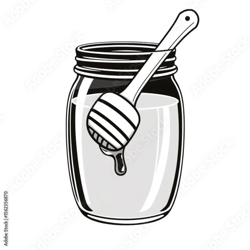 A glass jar of honey with a wooden dipper