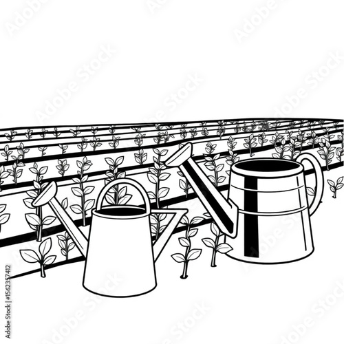 A metal watering can beside a row of seedlings
