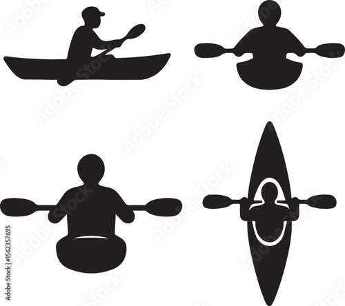 man in a kayak silhouette icons set side, front, back, and top views vector art illustration