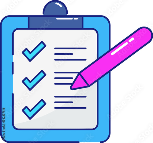 Glossy vector illustration of a clipboard with a pen and a check mark, perfect business document icon