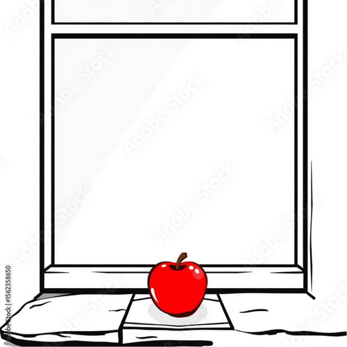 A single red apple on a slate windowsill