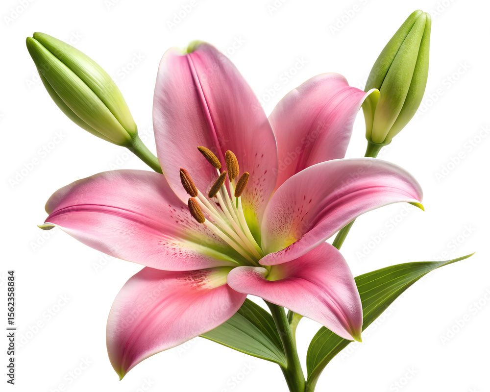 Naklejka premium A vibrant pink lily flower with buds isolated on transparent background