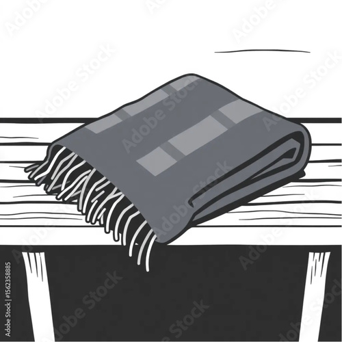 A folded wool scarf on a wooden bench