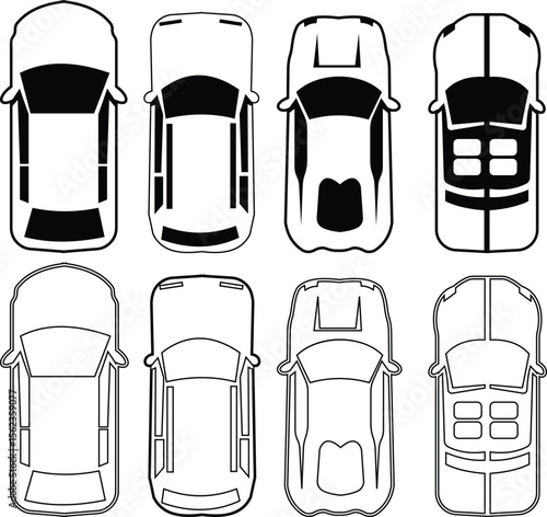 Cars icon set from above, top view isolated. Modern urban civilian vehicle. View from bird's eye. Realistic design. Flat style vector. traffic, automobile transportation. Transport service concept.