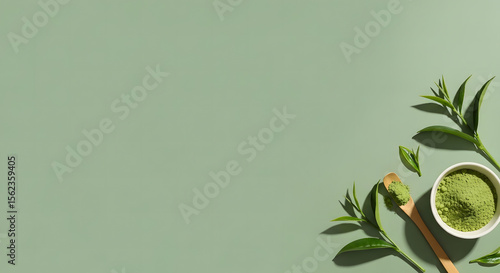 Matcha powder in a small white bowl with a wooden spoon and fresh tea leaves on a sage green background.  A minimalist and elegant image ideal for health and wellness or food blogs. 