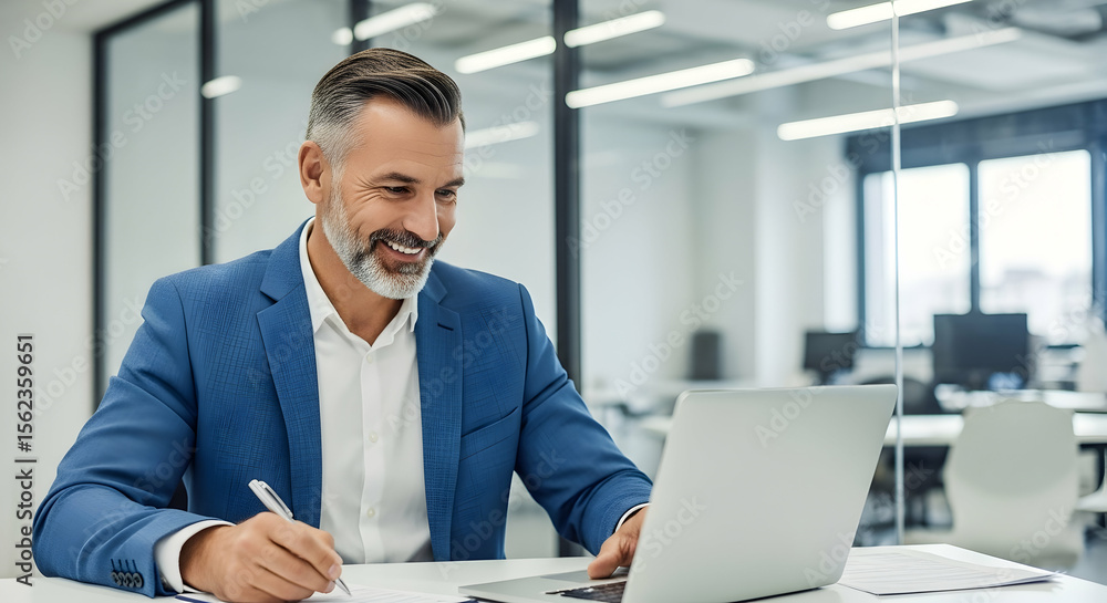 Fototapeta premium Man Working on Laptop and Taking Notes in Modern Office