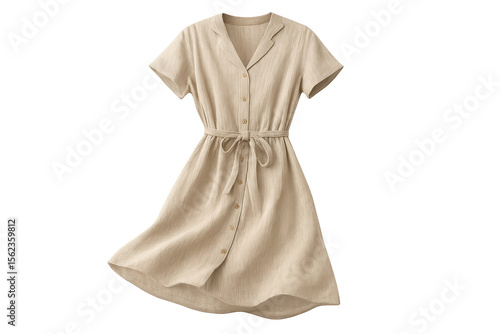 Elegant beige linen dress isolated on transparent background, summer fashion