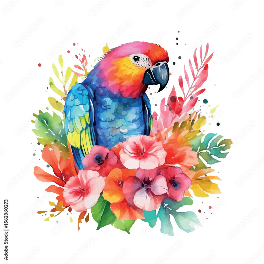 Obraz premium A colorful blue and yellow macaw parrot with a vibrant red beak sits on a tree branch, showcasing its beautiful tropical feathers