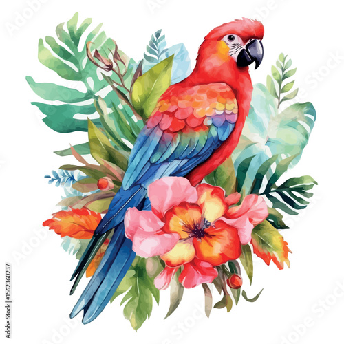 Colorful parrots, including macaws and parakeets, perch on a tropical branch in nature, showcasing their vibrant feathers and beaks