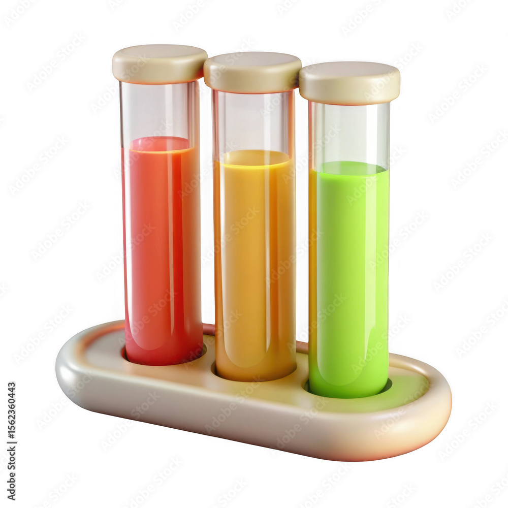 Fototapeta premium Three test tubes with colored liquids isolated on transparent background