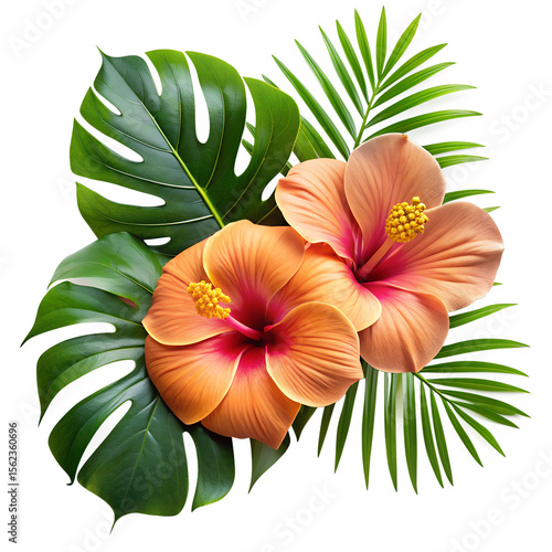 Two hibiscus flowers with monstera and palm leaves isolated on transparent background