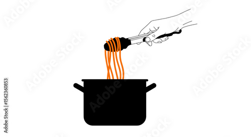 Hand holding tongs with orange spaghetti over black pot on white background