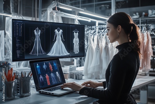 A fashion designer works on her laptop, reviewing a 3D rendering of her latest dress design. The studio is futuristic, featuring sleek monitors, digital tools, and racks of completed garments.