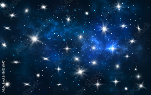 Space background with stardust and shining stars. Realistic colorful cosmos with nebula and milky way. Blue galaxy background. Beautiful outer space. Infinite universe. Vector illustration